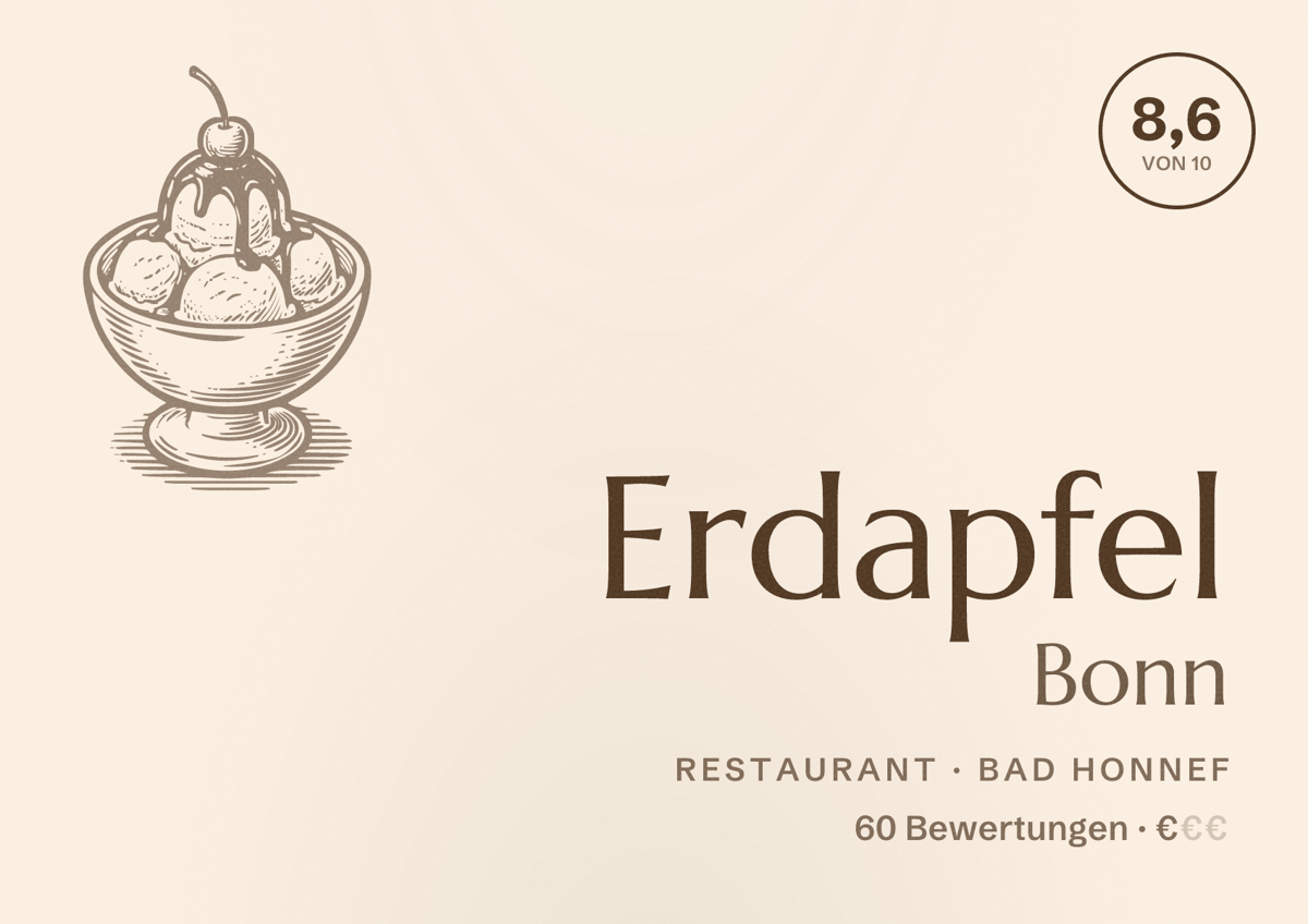 Illustriertes Poster von Erdapfel Bonn, Restaurant in Bad Honnef: Bewertung 8,6 von 10 aus 60 Bewertungen, Preisniveau €