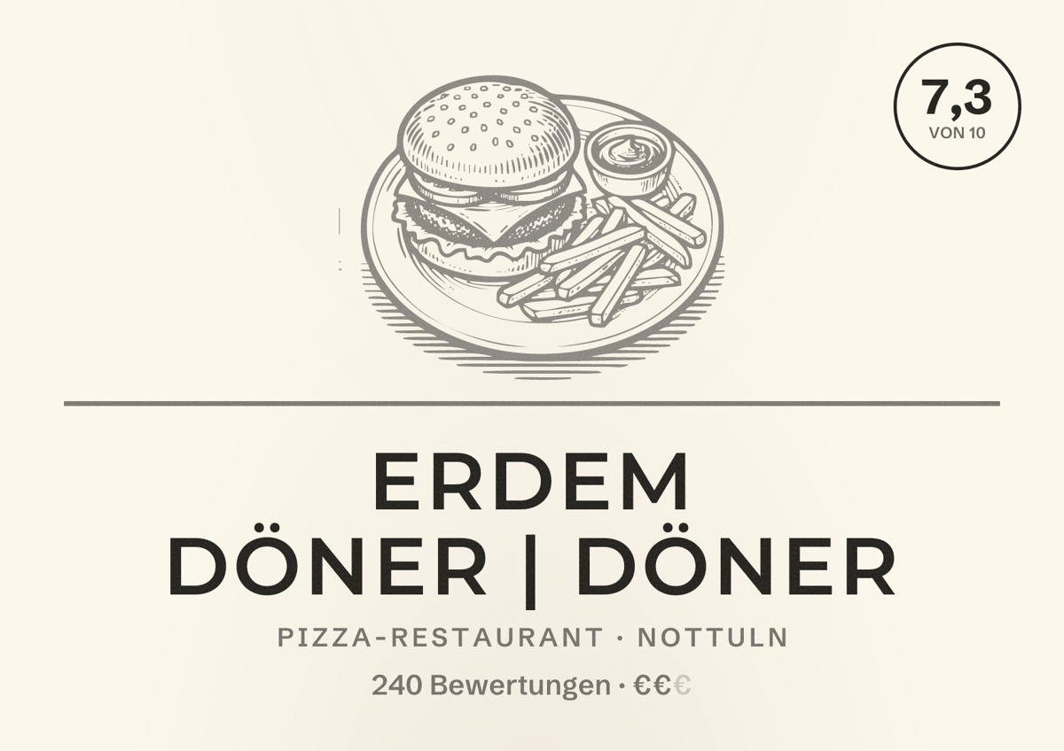 Illustriertes Poster von Erdem Döner | Döner, Pizza-Restaurant in Nottuln: Bewertung 7,3 von 10 aus 240 Bewertungen, Preisniveau €€