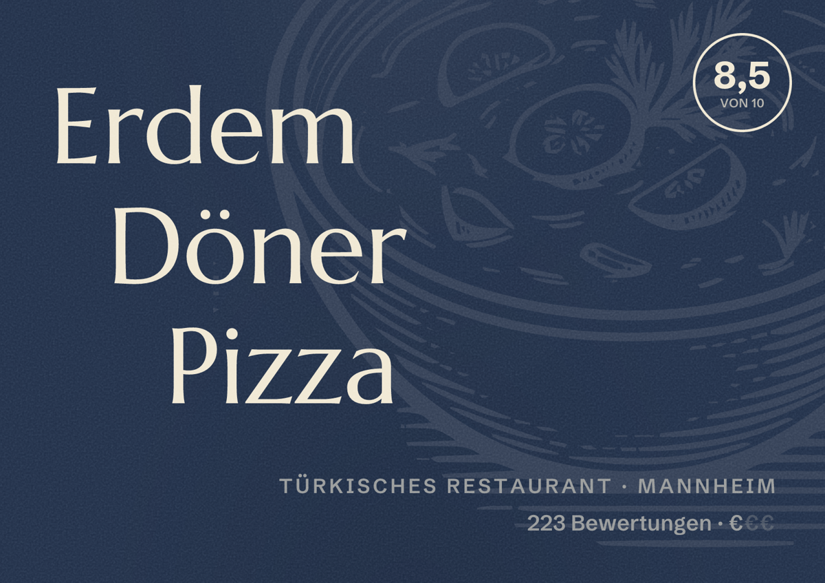Illustriertes Poster von Erdem Döner Pizza, Türkisches Restaurant in Mannheim: Bewertung 8,5 von 10 aus 223 Bewertungen, Preisniveau €