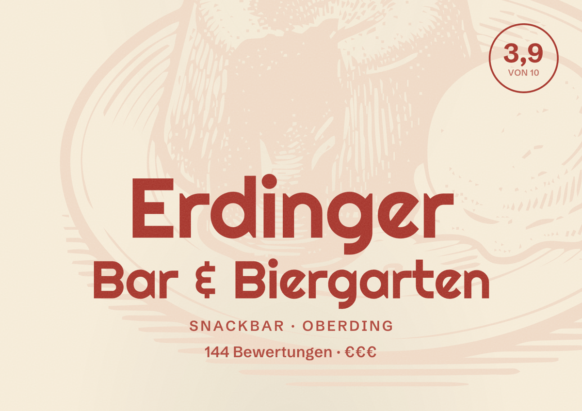 Illustriertes Poster von Erdinger Bar & Biergarten, Snackbar in Oberding: Bewertung 3,9 von 10 aus 144 Bewertungen, Preisniveau €€€