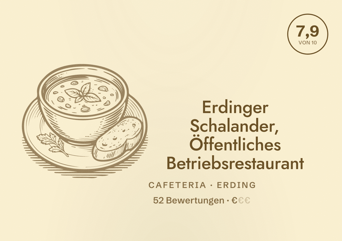 Illustriertes Poster von Erdinger Schalander, Öffentliches Betriebsrestaurant, Cafeteria in Erding: Bewertung 7,9 von 10 aus 52 Bewertungen, Preisniveau €