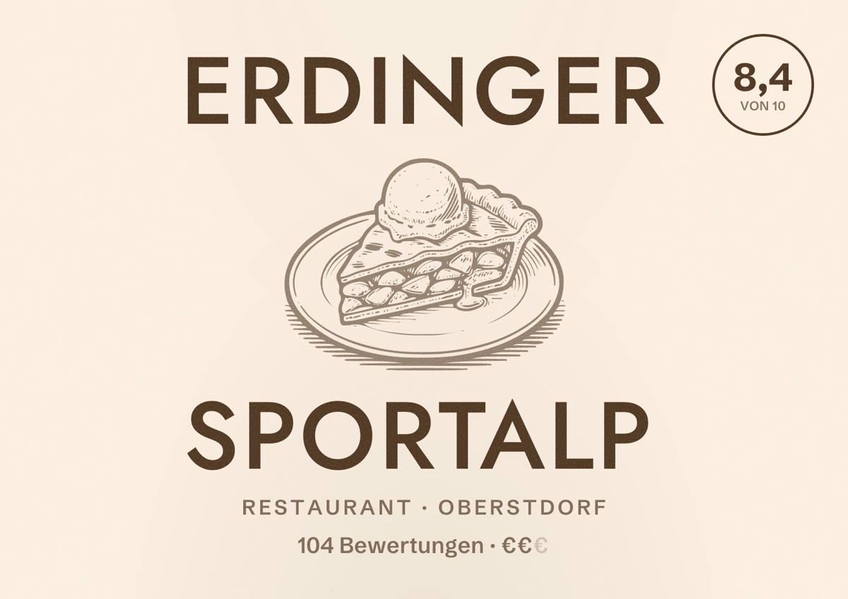 Illustriertes Poster von Erdinger Sportalp, Restaurant in Oberstdorf: Bewertung 8,4 von 10 aus 104 Bewertungen, Preisniveau €€