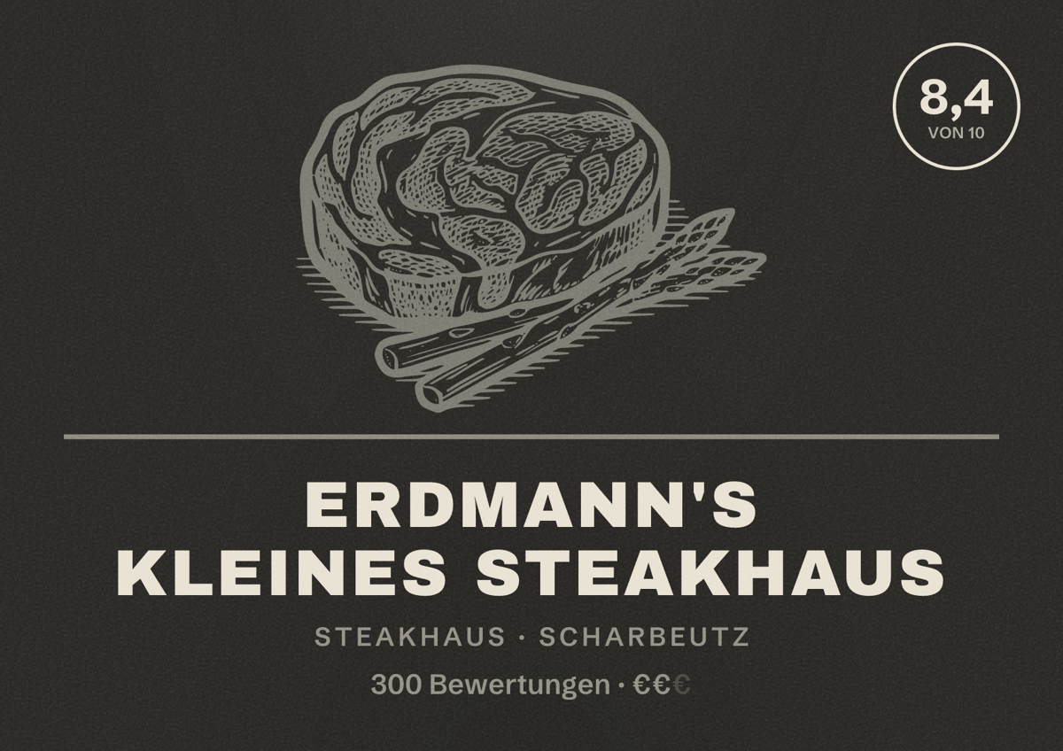 Illustriertes Poster von Erdmann's Kleines Steakhaus, Steakhaus in Scharbeutz: Bewertung 8,4 von 10 aus 300 Bewertungen, Preisniveau €€