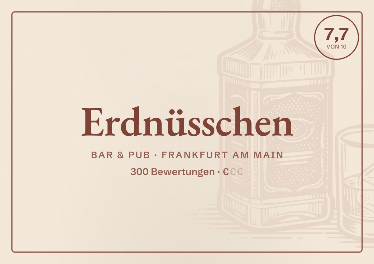Illustriertes Poster von Erdnüsschen, Bar & Pub in Frankfurt am Main: Bewertung 7,7 von 10 aus 300 Bewertungen, Preisniveau €