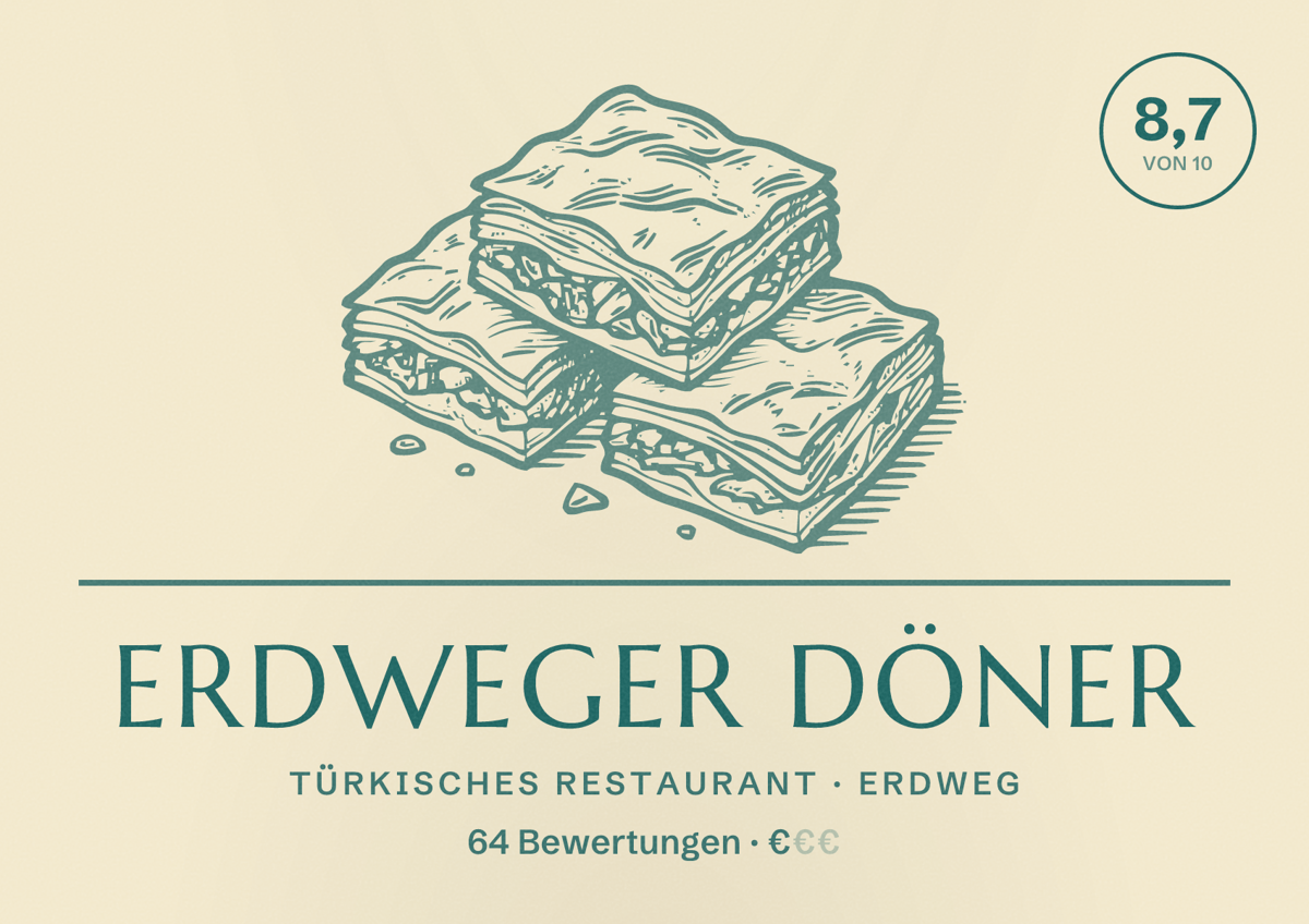 Illustriertes Poster von Erdweger Döner, Türkisches Restaurant in Erdweg: Bewertung 8,7 von 10 aus 64 Bewertungen, Preisniveau €