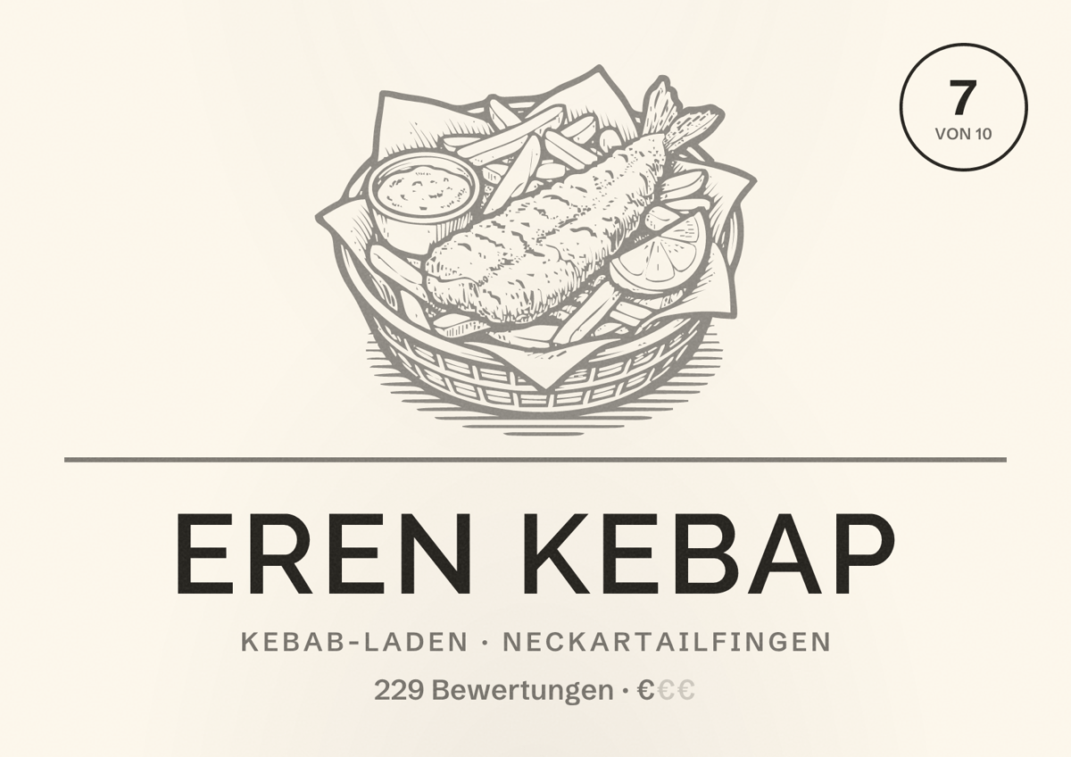 Illustriertes Poster von Eren Kebap, Kebab-Laden in Neckartailfingen: Bewertung 7 von 10 aus 229 Bewertungen, Preisniveau €