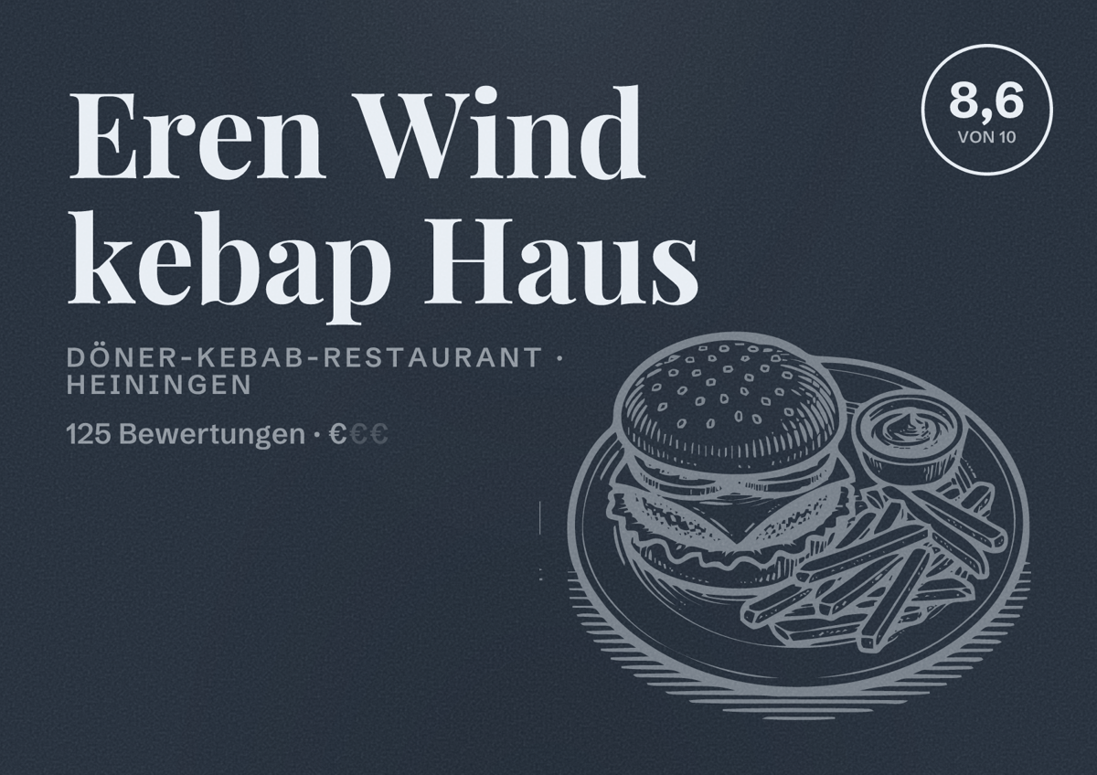 Illustriertes Poster von Eren Wind kebap Haus, Döner-Kebab-Restaurant in Heiningen: Bewertung 8,6 von 10 aus 125 Bewertungen, Preisniveau €