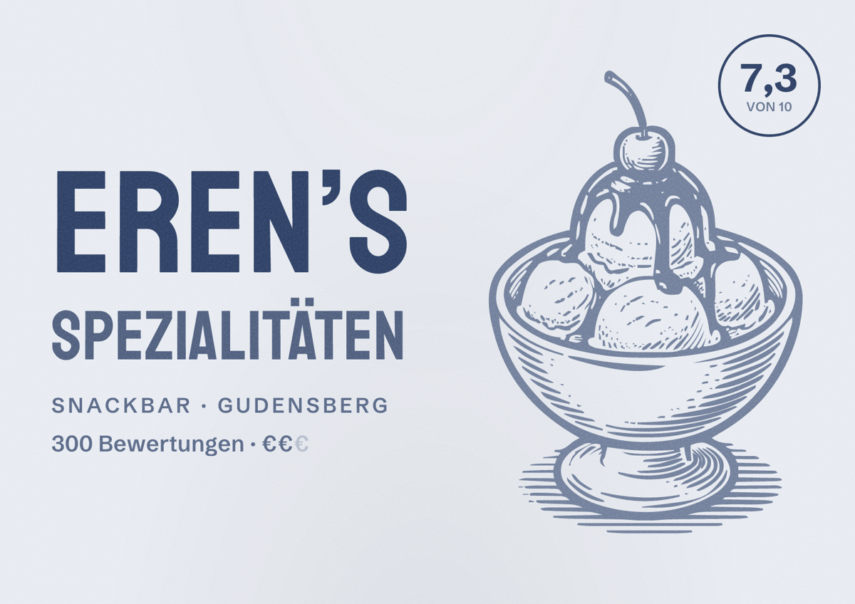 Illustriertes Poster von Eren’s Spezialitäten, Snackbar in Gudensberg: Bewertung 7,3 von 10 aus 300 Bewertungen, Preisniveau €€