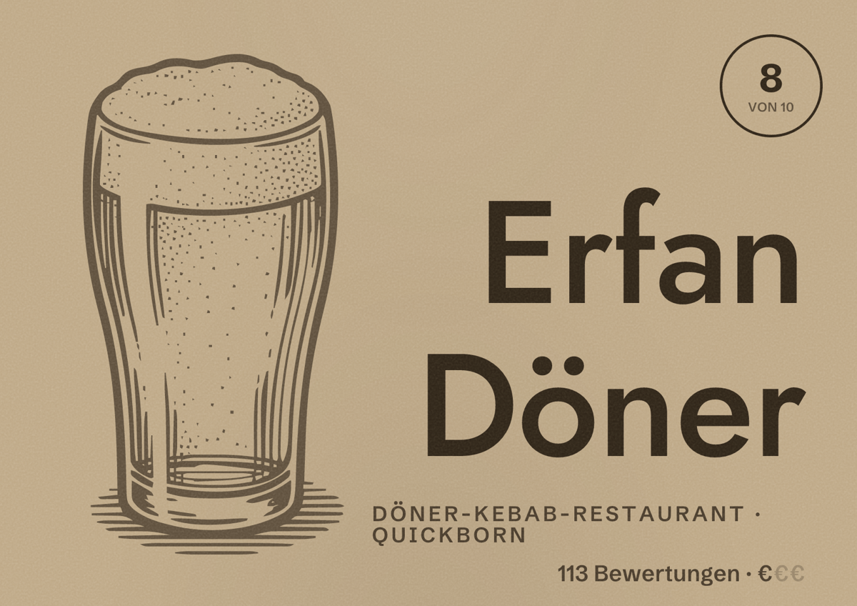 Illustriertes Poster von Erfan Döner, Döner-Kebab-Restaurant in Quickborn: Bewertung 8 von 10 aus 113 Bewertungen, Preisniveau €
