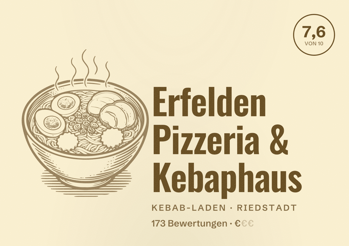 Illustriertes Poster von Erfelden Pizzeria & Kebaphaus, Kebab-Laden in Riedstadt: Bewertung 7,6 von 10 aus 173 Bewertungen, Preisniveau €