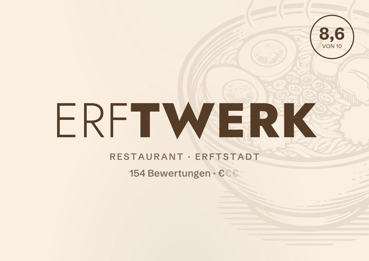 Illustriertes Poster von Erftwerk, Restaurant in Erftstadt: Bewertung 8,6 von 10 aus 154 Bewertungen, Preisniveau €