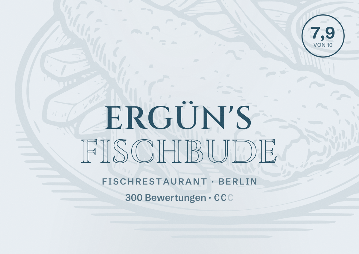 Illustriertes Poster von Ergün's Fischbude, Fischrestaurant in Berlin: Bewertung 7,9 von 10 aus 300 Bewertungen, Preisniveau €€