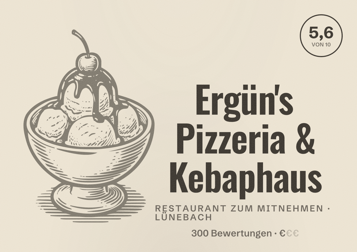 Illustriertes Poster von Ergün's Pizzeria & Kebaphaus, Restaurant zum Mitnehmen in Lünebach: Bewertung 5,6 von 10 aus 300 Bewertungen, Preisniveau €
