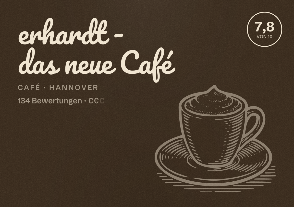 Illustriertes Poster von erhardt - das neue Café, Café in Hannover: Bewertung 7,8 von 10 aus 134 Bewertungen, Preisniveau €€