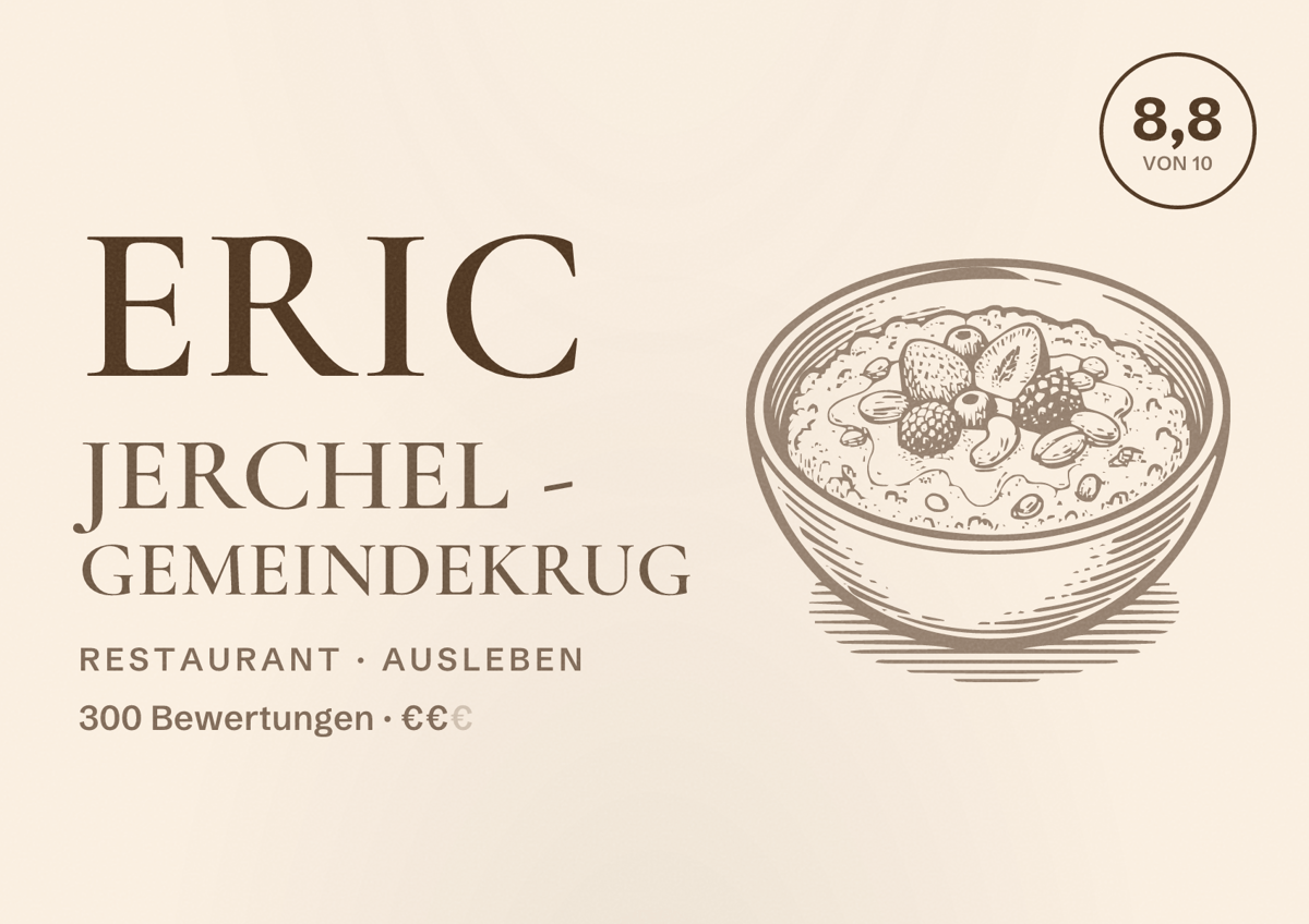 Illustriertes Poster von Eric Jerchel - Gemeindekrug, Restaurant in Ausleben: Bewertung 8,8 von 10 aus 300 Bewertungen, Preisniveau €€