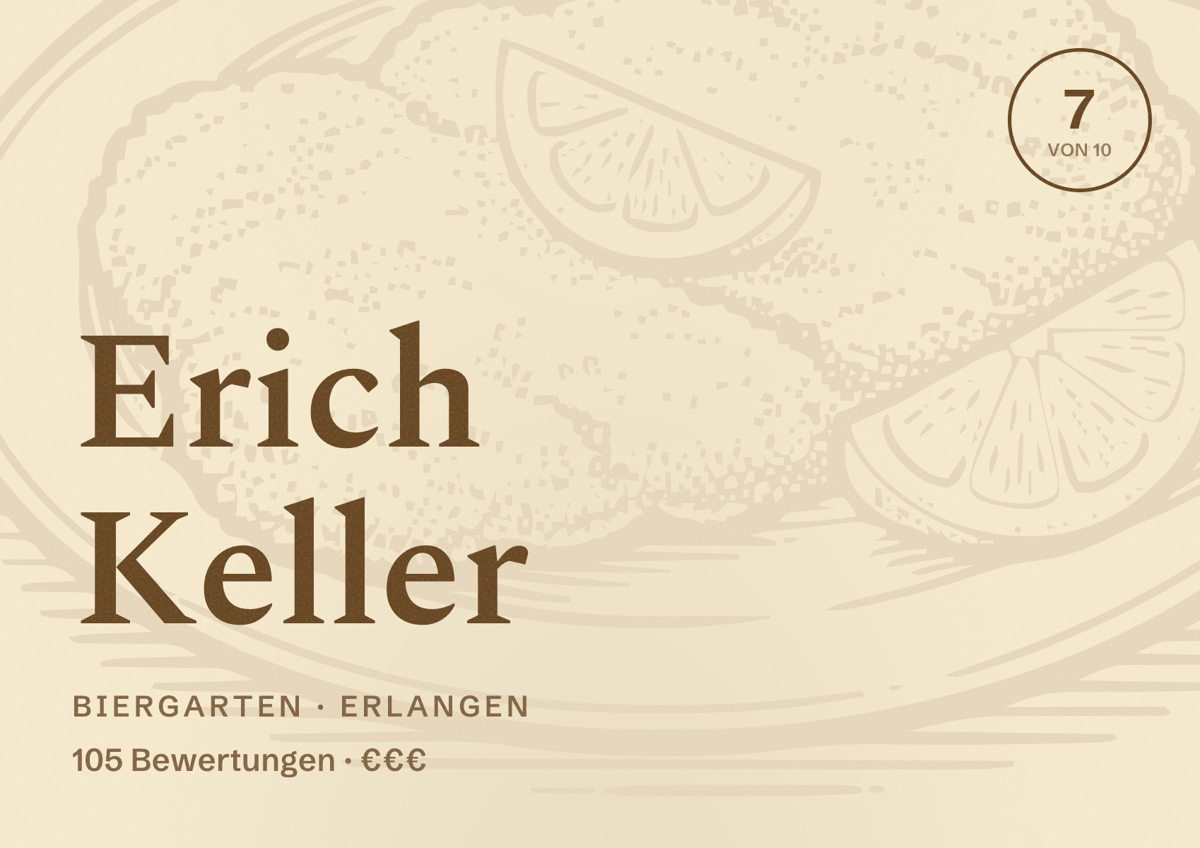 Illustriertes Poster von Erich Keller, Biergarten in Erlangen: Bewertung 7 von 10 aus 105 Bewertungen, Preisniveau €€€