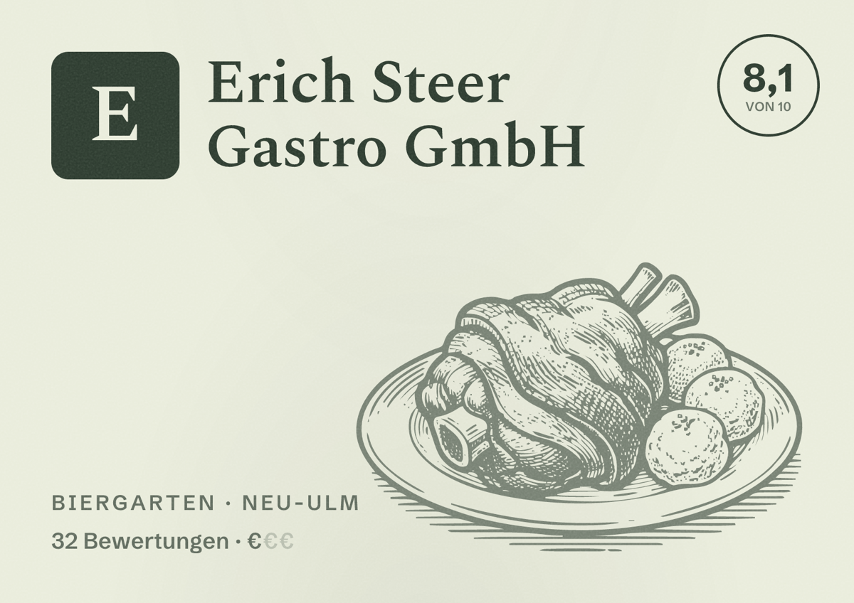 Illustriertes Poster von Erich Steer Gastro GmbH, Biergarten in Neu-Ulm: Bewertung 8,1 von 10 aus 32 Bewertungen, Preisniveau €