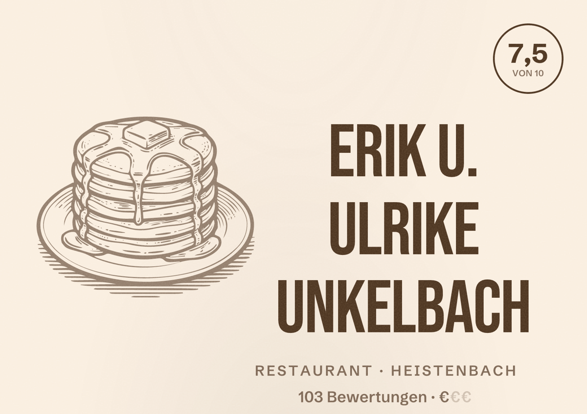 Illustriertes Poster von Erik u. Ulrike Unkelbach, Restaurant in Heistenbach: Bewertung 7,5 von 10 aus 103 Bewertungen, Preisniveau €