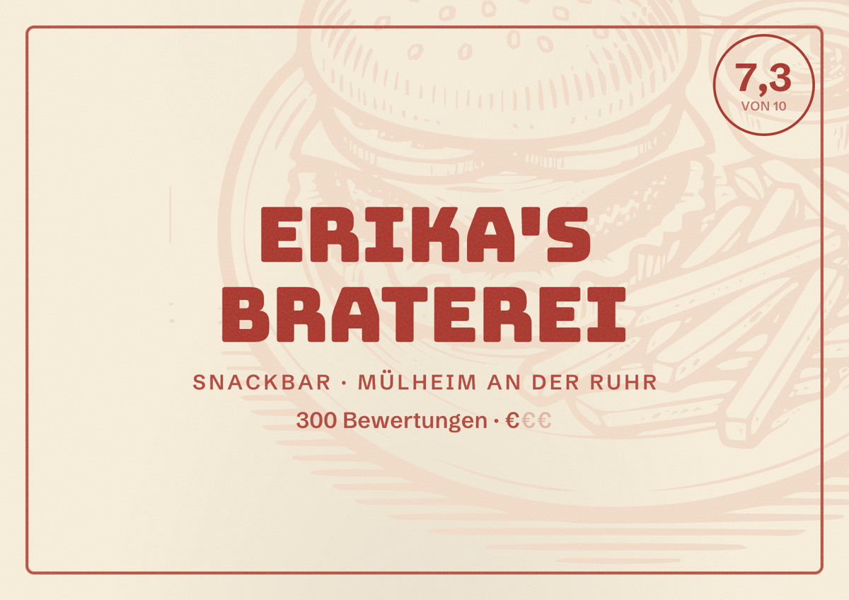 Illustriertes Poster von Erika's Braterei, Snackbar in Mülheim an der Ruhr: Bewertung 7,3 von 10 aus 300 Bewertungen, Preisniveau €