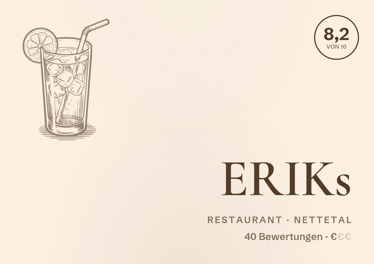 Illustriertes Poster von ERIKs, Restaurant in Nettetal: Bewertung 8,2 von 10 aus 40 Bewertungen, Preisniveau €