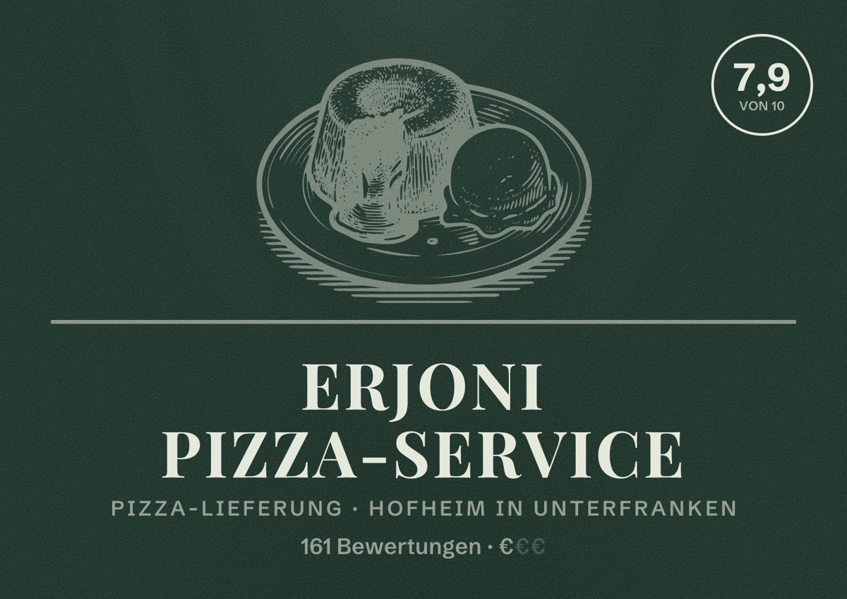 Illustriertes Poster von Erjoni Pizza-Service, Pizza-Lieferung in Hofheim in Unterfranken: Bewertung 7,9 von 10 aus 161 Bewertungen, Preisniveau €