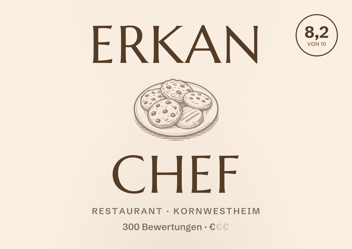 Illustriertes Poster von ERKAN CHEF, Restaurant in Kornwestheim: Bewertung 8,2 von 10 aus 300 Bewertungen, Preisniveau €
