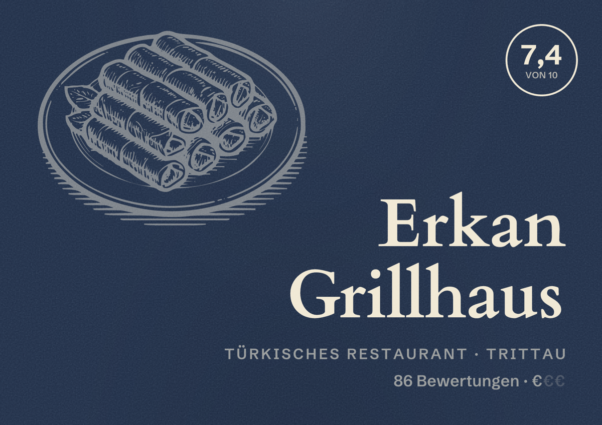 Illustriertes Poster von Erkan Grillhaus, Türkisches Restaurant in Trittau: Bewertung 7,4 von 10 aus 86 Bewertungen, Preisniveau €