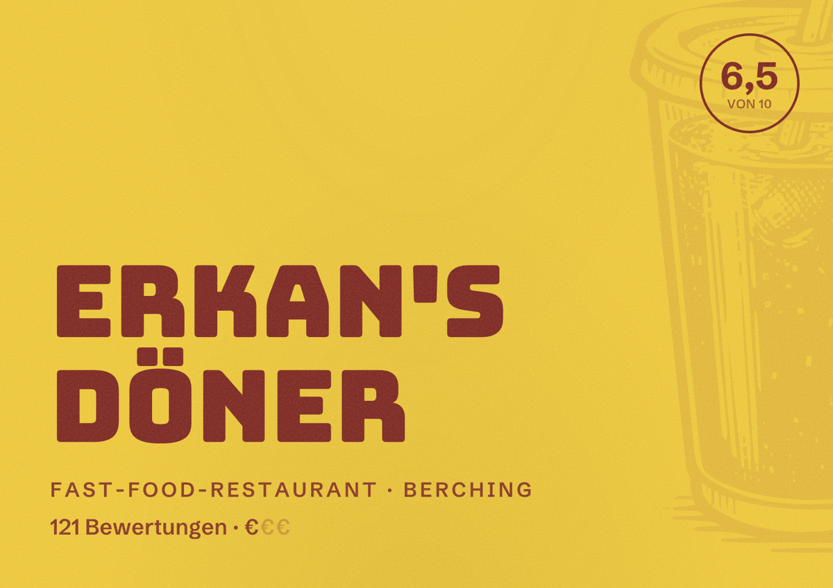 Illustriertes Poster von Erkan's Döner, Fast-Food-Restaurant in Berching: Bewertung 6,5 von 10 aus 121 Bewertungen, Preisniveau €