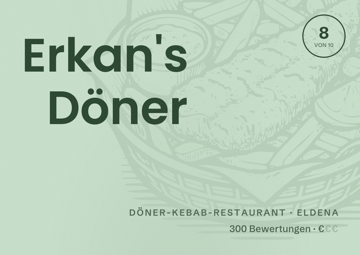 Illustriertes Poster von Erkan's Döner, Döner-Kebab-Restaurant in Eldena: Bewertung 8 von 10 aus 300 Bewertungen, Preisniveau €