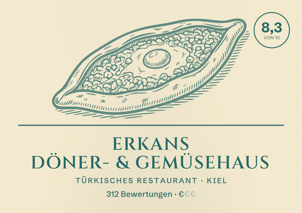 Illustriertes Poster von Erkans Döner- & Gemüsehaus, Türkisches Restaurant in Kiel: Bewertung 8,3 von 10 aus 312 Bewertungen, Preisniveau €
