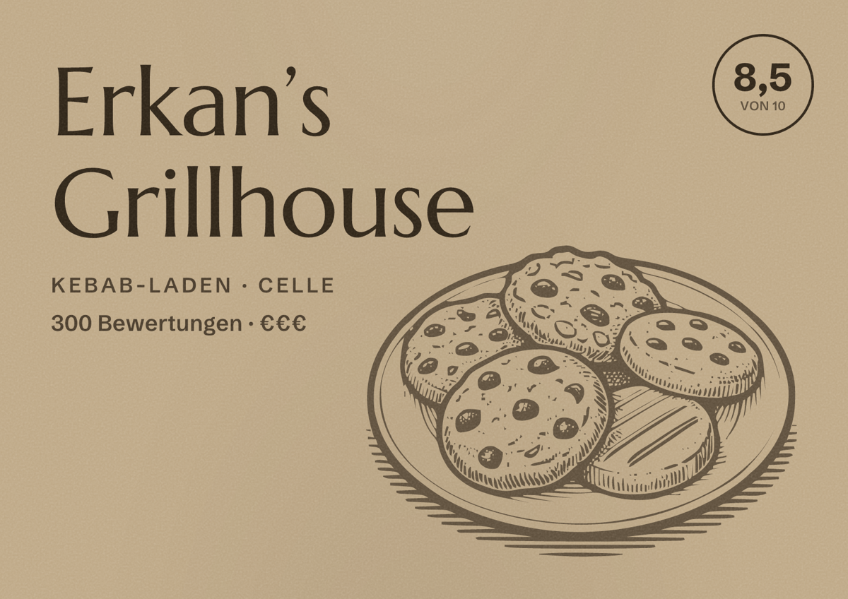 Illustriertes Poster von Erkan’s Grillhouse, Kebab-Laden in Celle: Bewertung 8,5 von 10 aus 300 Bewertungen, Preisniveau €€€