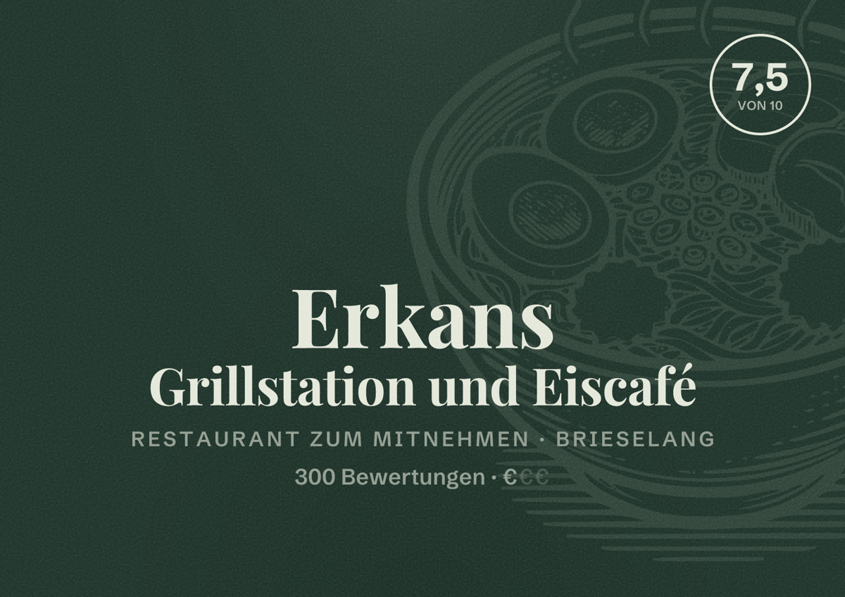 Illustriertes Poster von Erkans Grillstation und Eiscafé, Restaurant zum Mitnehmen in Brieselang: Bewertung 7,5 von 10 aus 300 Bewertungen, Preisniveau €