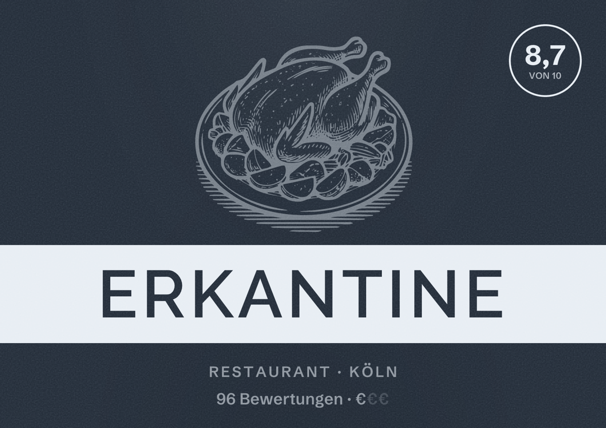 Illustriertes Poster von ErKantine, Restaurant in Köln: Bewertung 8,7 von 10 aus 96 Bewertungen, Preisniveau €