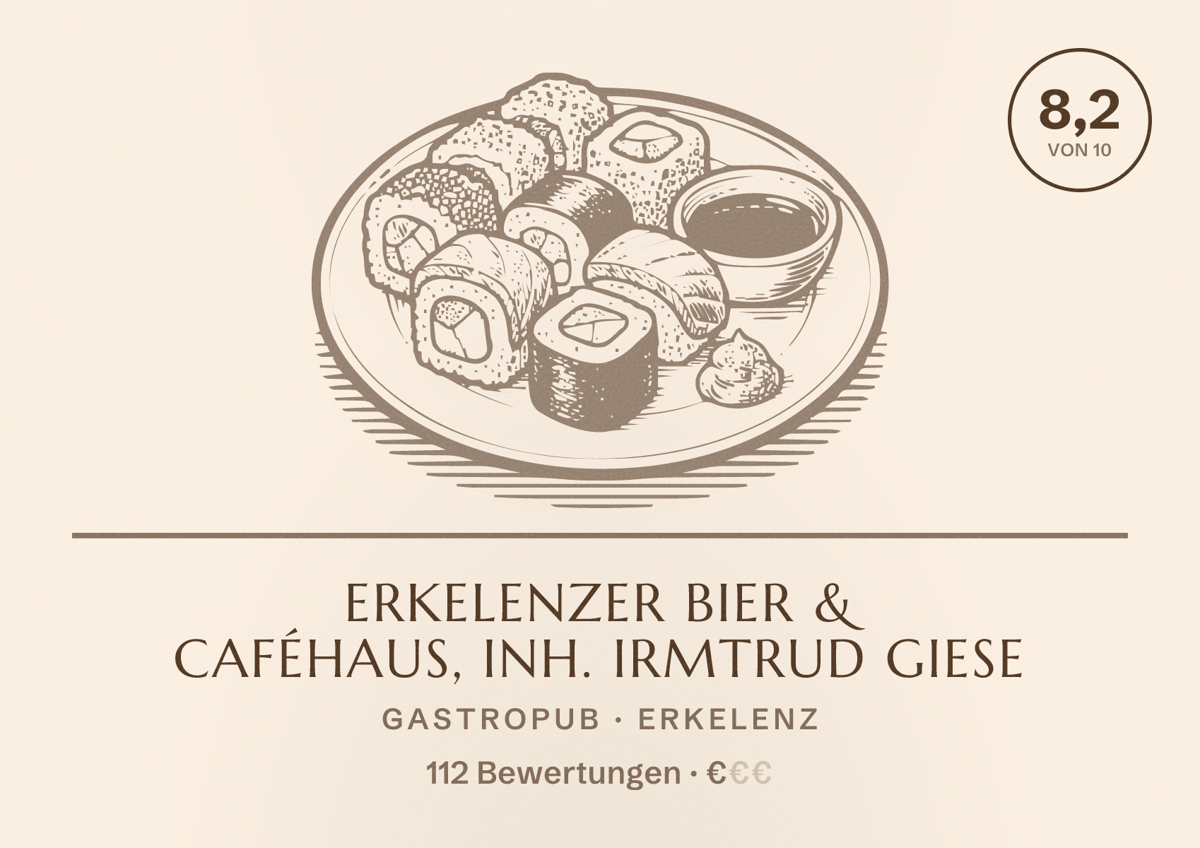Illustriertes Poster von Erkelenzer Bier & Caféhaus, Inh. Irmtrud Giese, Gastropub in Erkelenz: Bewertung 8,2 von 10 aus 112 Bewertungen, Preisniveau €