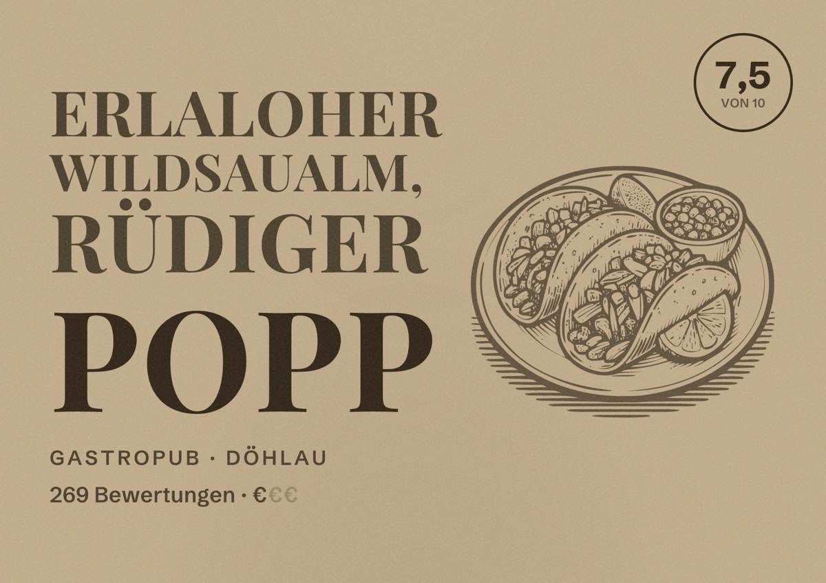 Illustriertes Poster von Erlaloher Wildsaualm, Rüdiger Popp, Gastropub in Döhlau: Bewertung 7,5 von 10 aus 269 Bewertungen, Preisniveau €