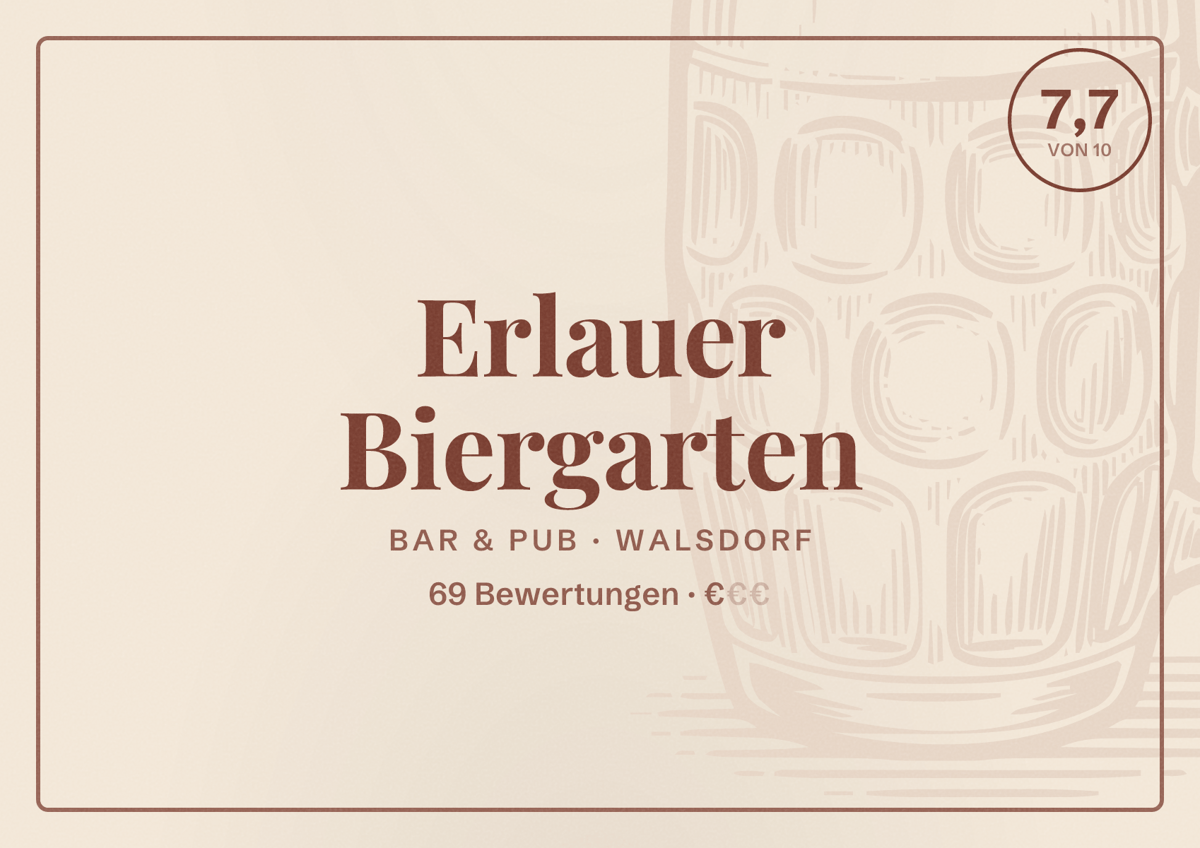 Illustriertes Poster von Erlauer Biergarten, Bar & Pub in Walsdorf: Bewertung 7,7 von 10 aus 69 Bewertungen, Preisniveau €