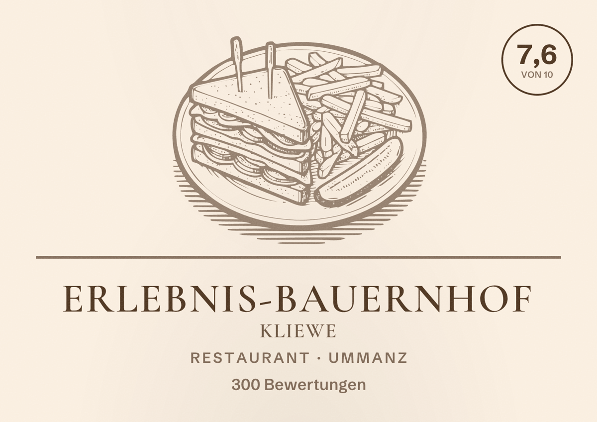 Illustriertes Poster von Erlebnis-Bauernhof Kliewe, Restaurant in Ummanz: Bewertung 7,6 von 10 aus 300 Bewertungen