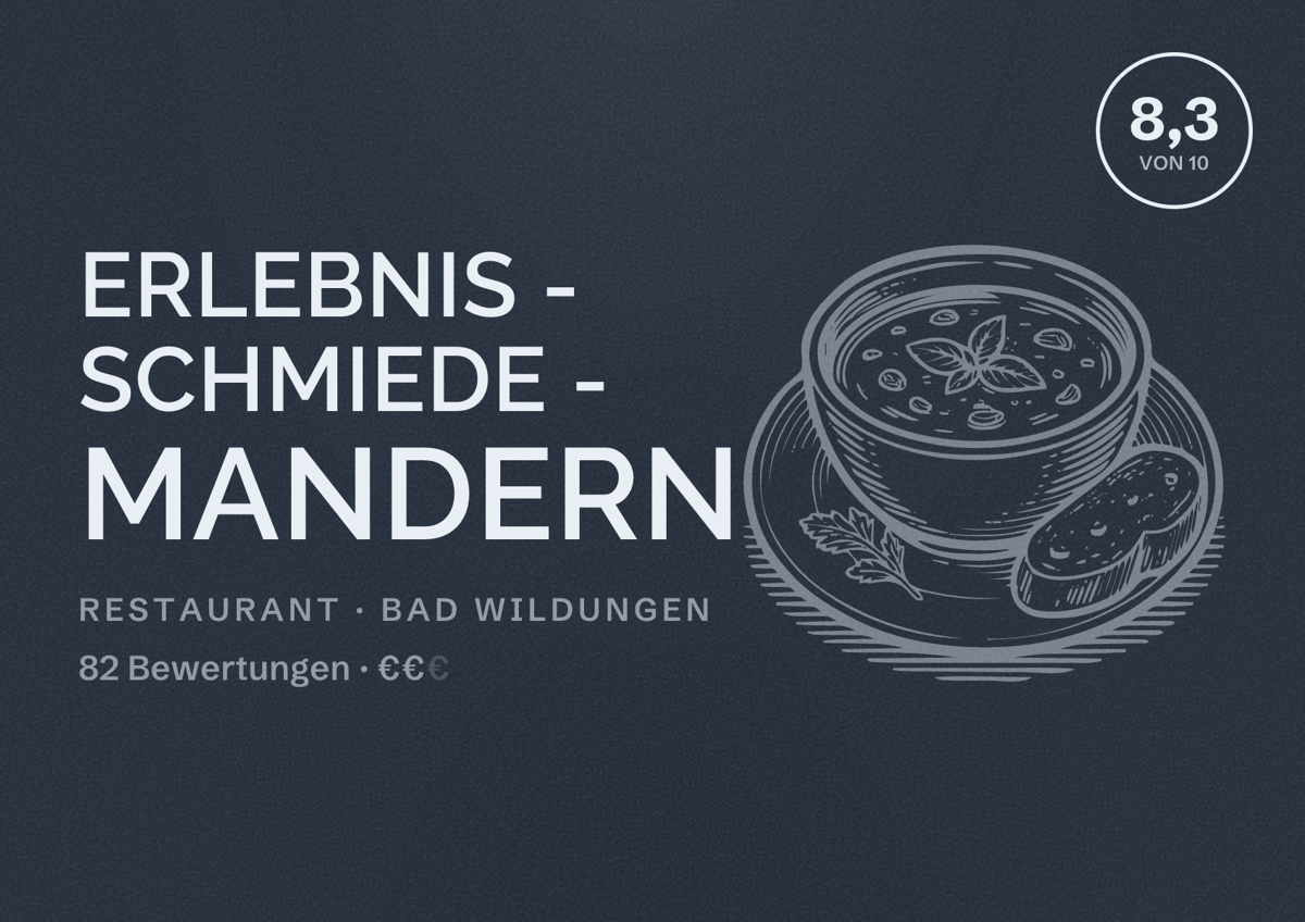 Illustriertes Poster von Erlebnis - Schmiede - Mandern, Restaurant in Bad Wildungen: Bewertung 8,3 von 10 aus 82 Bewertungen, Preisniveau €€