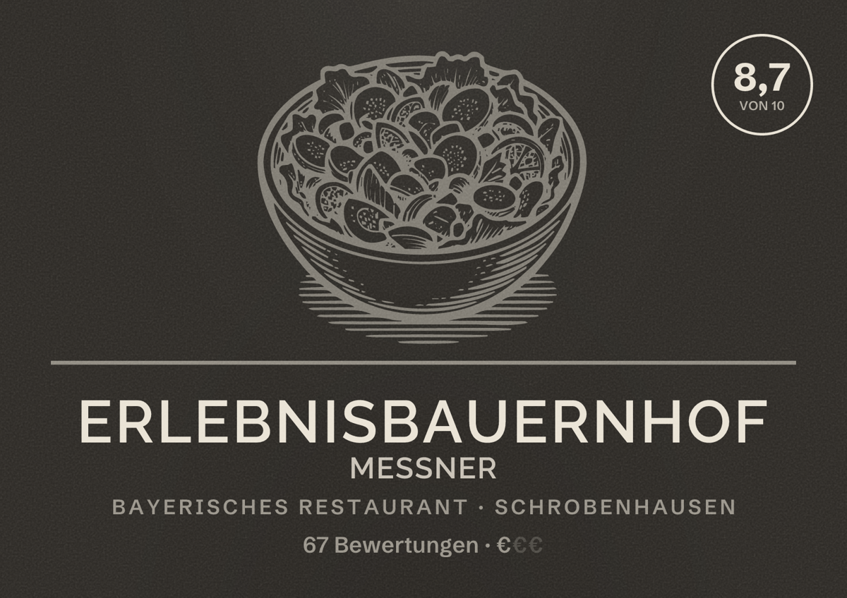 Illustriertes Poster von Erlebnisbauernhof Meßner, Bayerisches Restaurant in Schrobenhausen: Bewertung 8,7 von 10 aus 67 Bewertungen, Preisniveau €