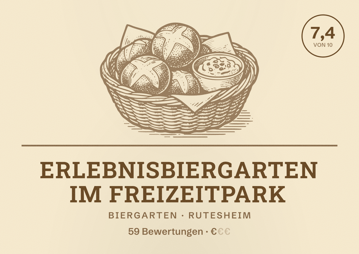 Illustriertes Poster von Erlebnisbiergarten im Freizeitpark, Biergarten in Rutesheim: Bewertung 7,4 von 10 aus 59 Bewertungen, Preisniveau €