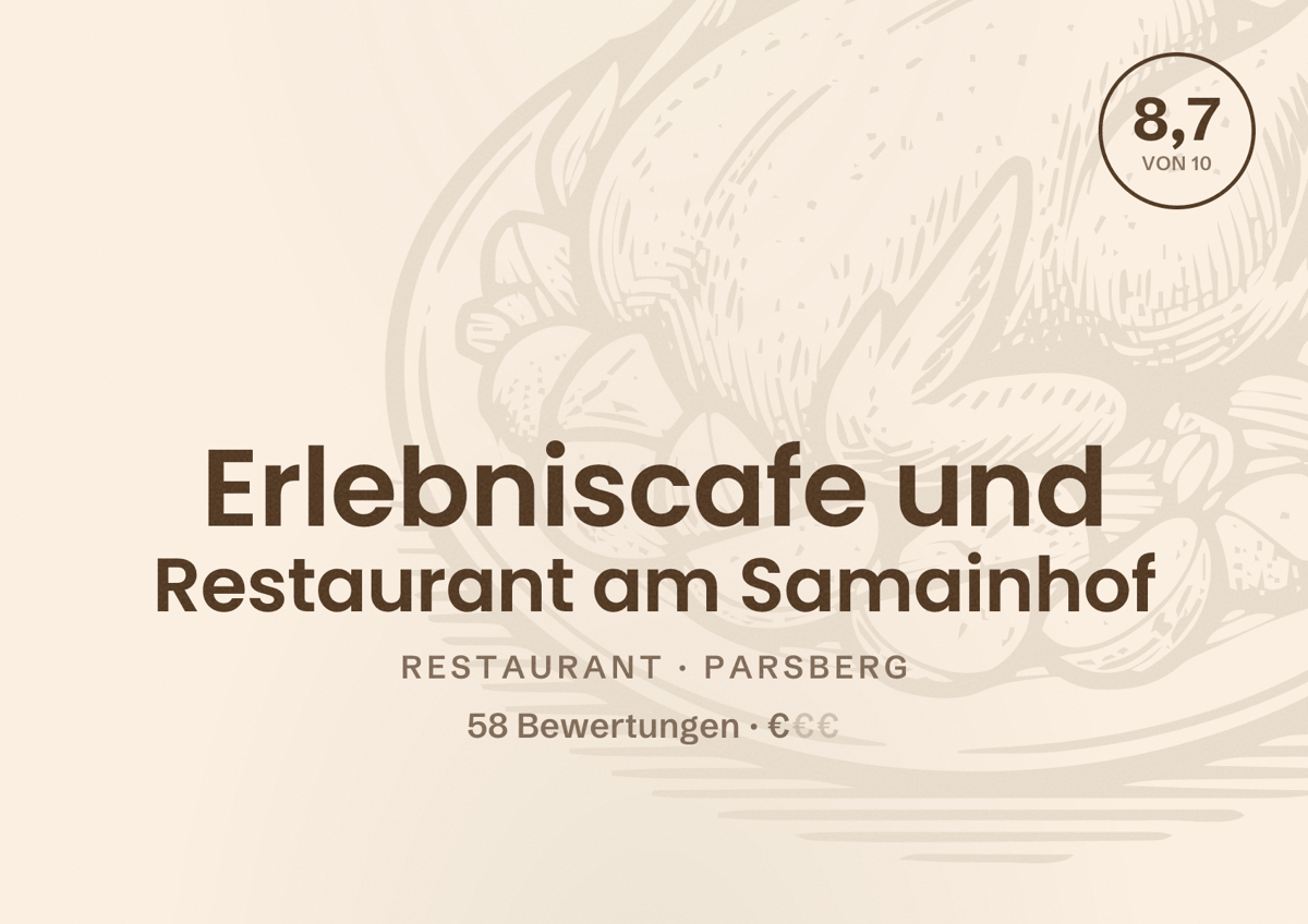 Illustriertes Poster von Erlebniscafe und Restaurant am Samainhof, Restaurant in Parsberg: Bewertung 8,7 von 10 aus 58 Bewertungen, Preisniveau €