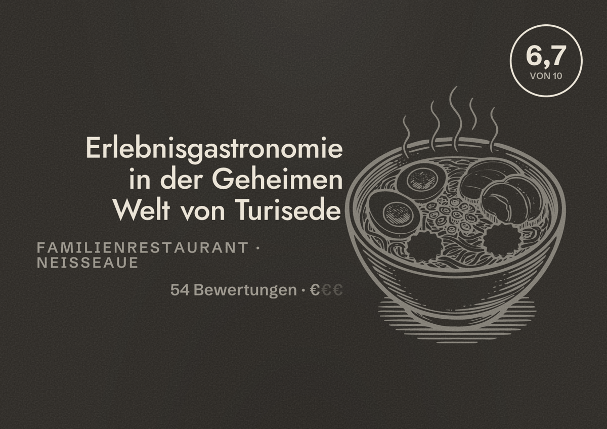 Illustriertes Poster von Erlebnisgastronomie in der Geheimen Welt von Turisede, Familienrestaurant in Neißeaue: Bewertung 6,7 von 10 aus 54 Bewertungen, Preisniveau €