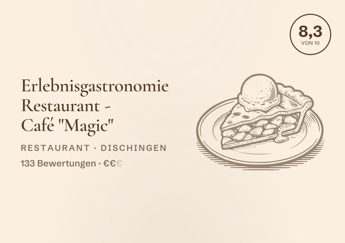 Illustriertes Poster von Erlebnisgastronomie Restaurant - Café "Magic", Restaurant in Dischingen: Bewertung 8,3 von 10 aus 133 Bewertungen, Preisniveau €€