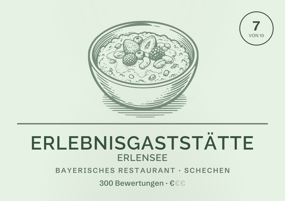Illustriertes Poster von Erlebnisgaststätte Erlensee, Bayerisches Restaurant in Schechen: Bewertung 7 von 10 aus 300 Bewertungen, Preisniveau €