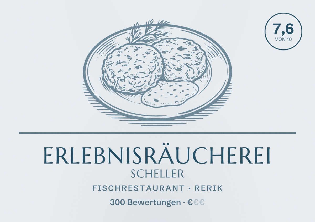 Illustriertes Poster von Erlebnisräucherei Scheller, Fischrestaurant in Rerik: Bewertung 7,6 von 10 aus 300 Bewertungen, Preisniveau €