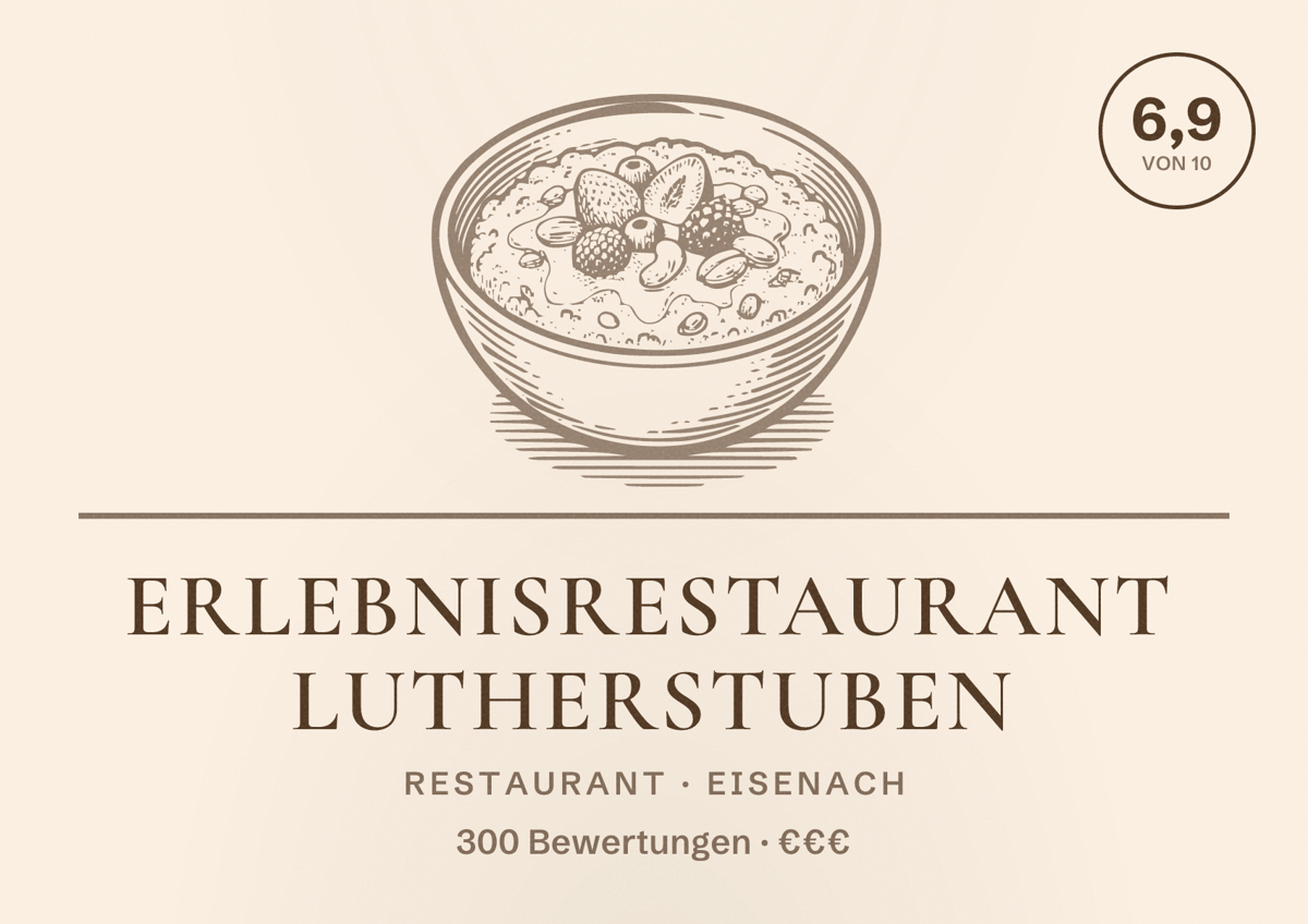 Illustriertes Poster von Erlebnisrestaurant Lutherstuben, Restaurant in Eisenach: Bewertung 6,9 von 10 aus 300 Bewertungen, Preisniveau €€€