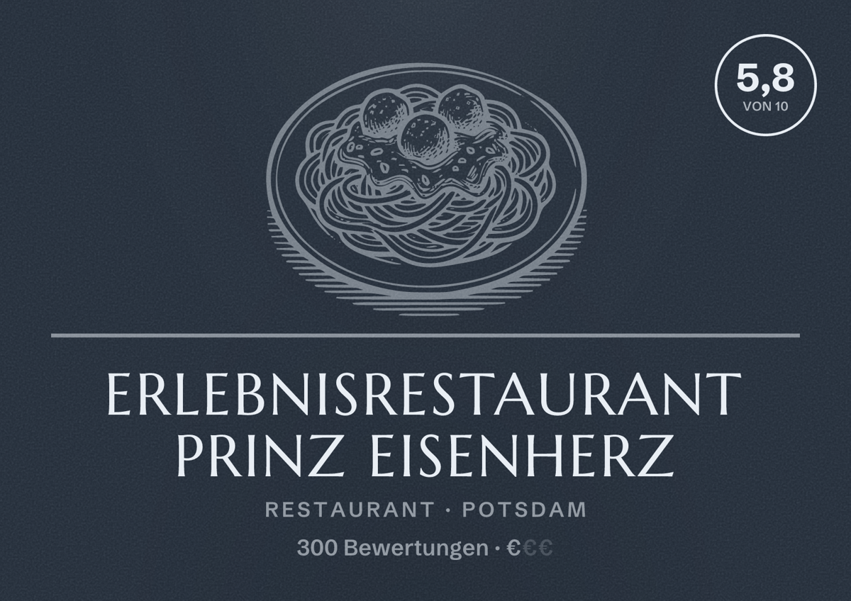 Illustriertes Poster von Erlebnisrestaurant Prinz Eisenherz, Restaurant in Potsdam: Bewertung 5,8 von 10 aus 300 Bewertungen, Preisniveau €