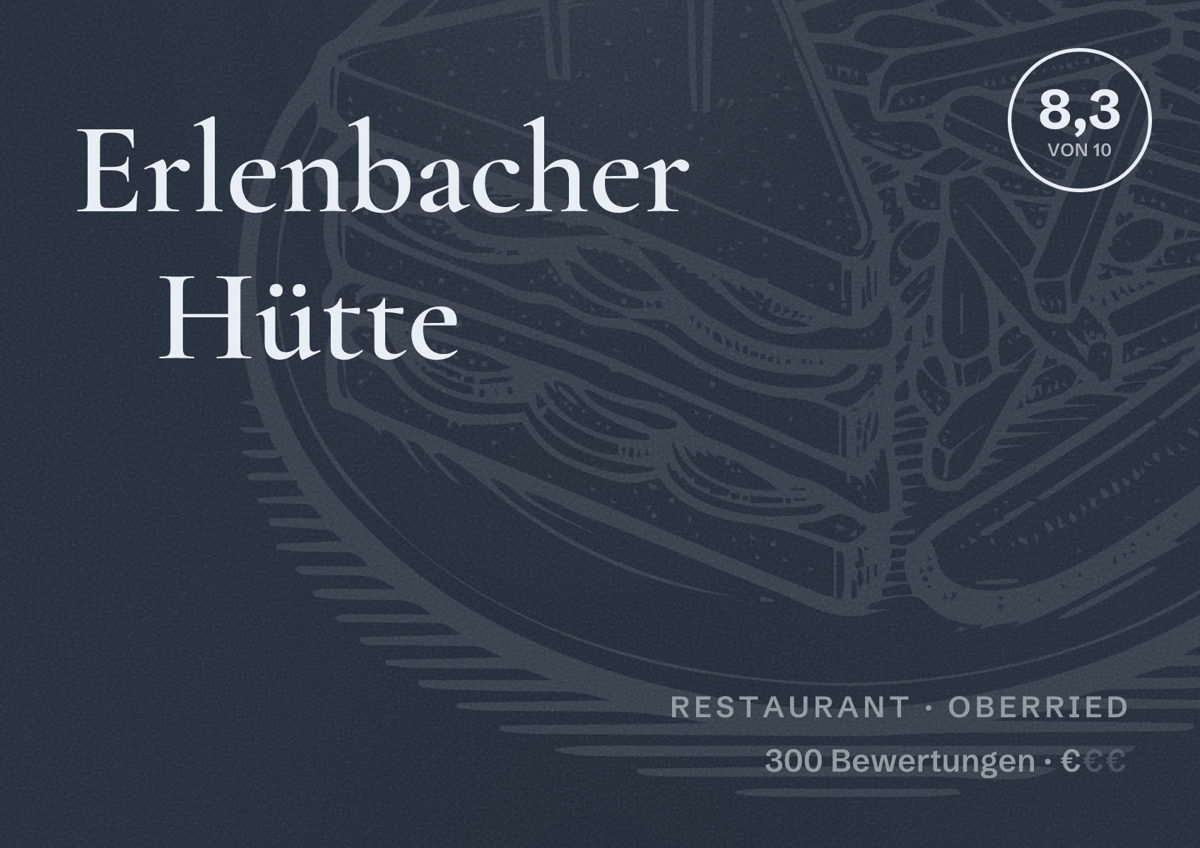 Illustriertes Poster von Erlenbacher Hütte, Restaurant in Oberried: Bewertung 8,3 von 10 aus 300 Bewertungen, Preisniveau €