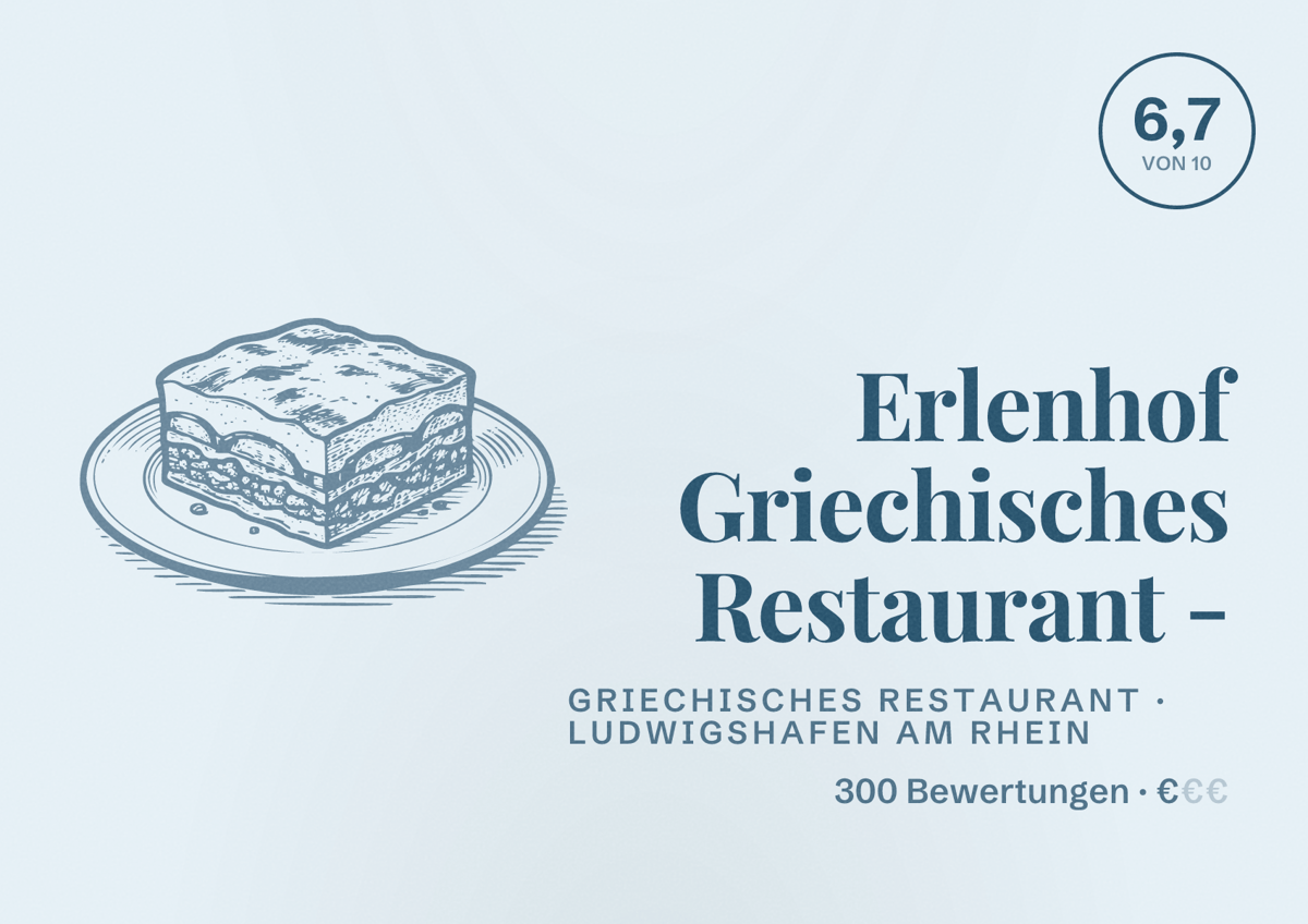 Illustriertes Poster von Erlenhof Griechisches Restaurant -, Griechisches Restaurant in Ludwigshafen am Rhein: Bewertung 6,7 von 10 aus 300 Bewertungen, Preisniveau €