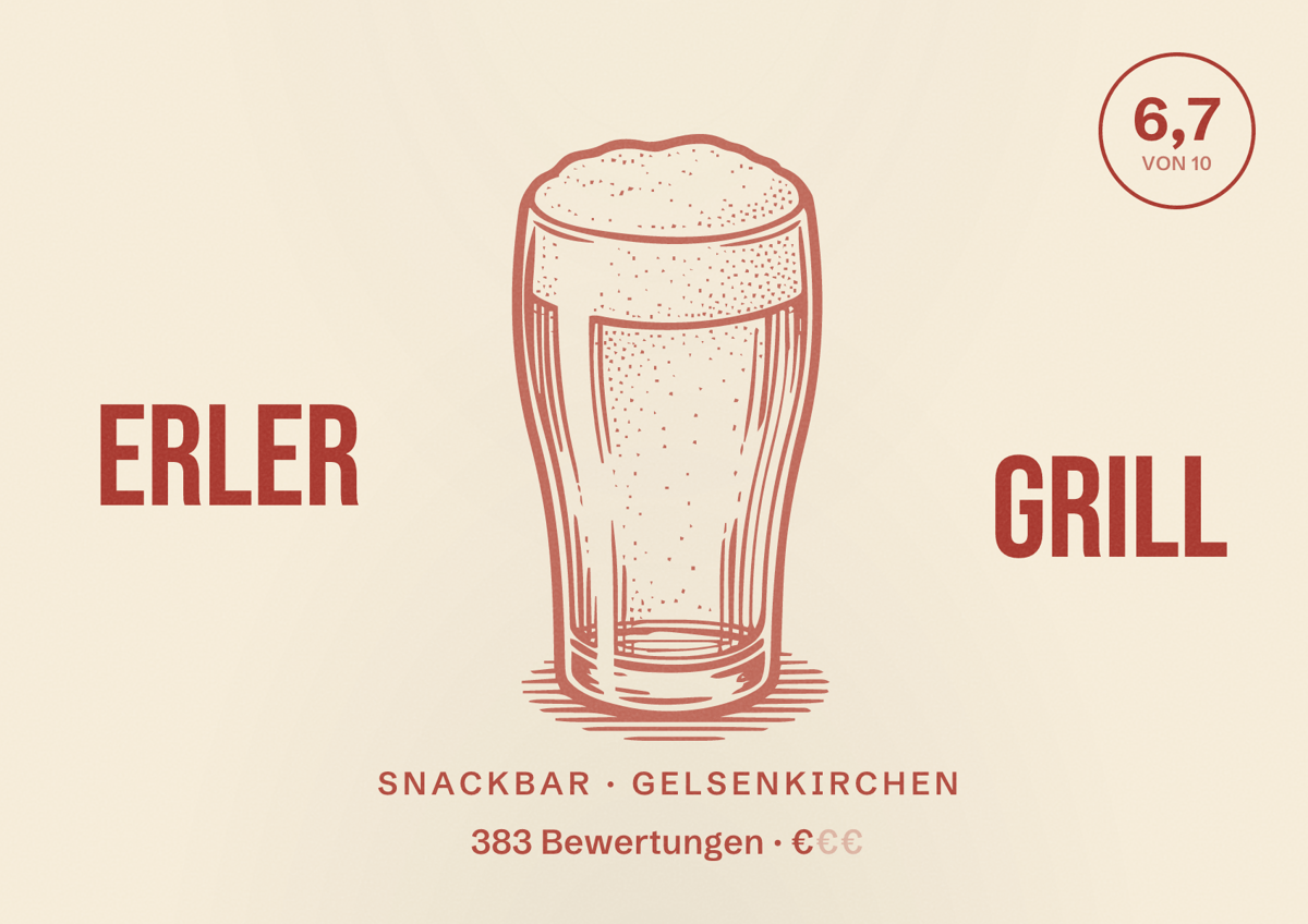 Illustriertes Poster von Erler Grill, Snackbar in Gelsenkirchen: Bewertung 6,7 von 10 aus 383 Bewertungen, Preisniveau €